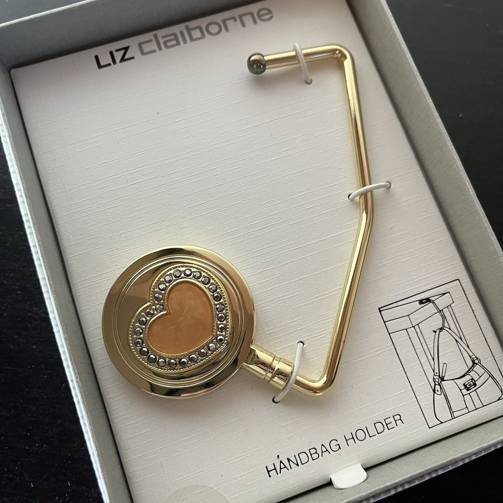 Liz Claiborne Handbag Holder Circular Gold Tone Purse Hook Heart Accent Sparkle